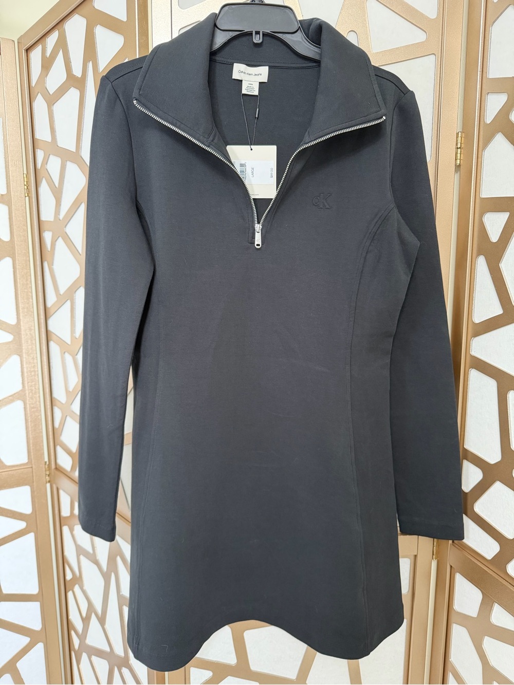 Calvin Klein Jeans black quarter-zip long-sleeve dress, size Large.